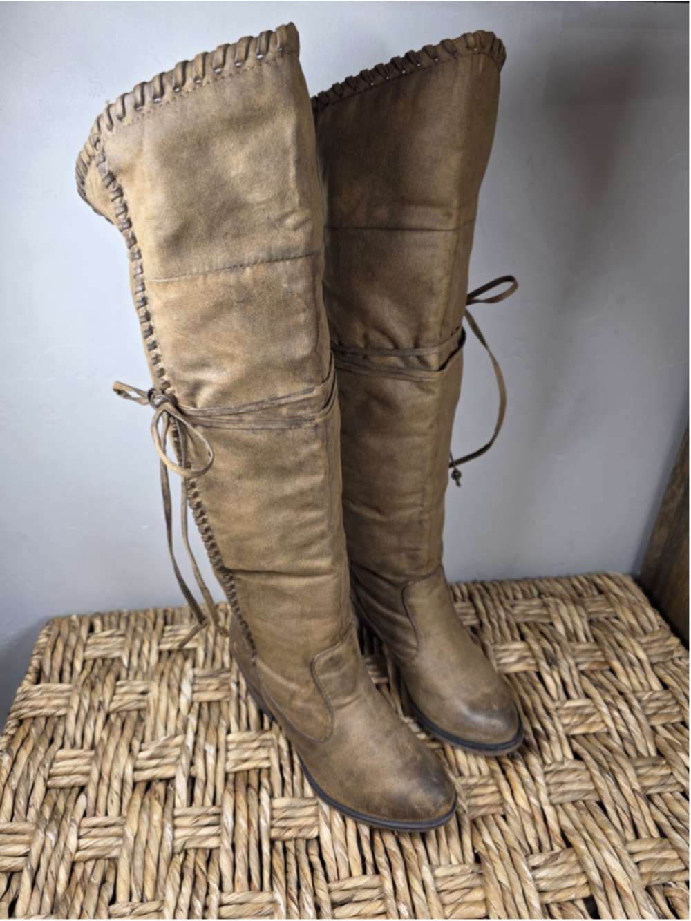 Rocket Dog Womens Sz 8 Tall Western Boots Brown Distressed Whipstitch Boho Tie
